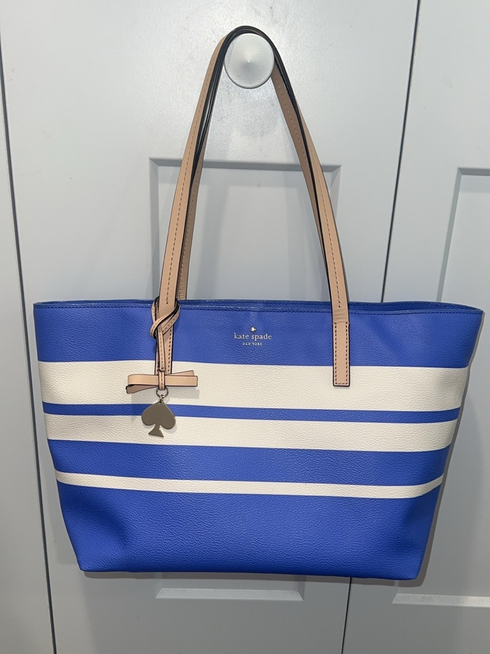 Kate Spade Blue and White Striped Tote with Tan Handles
